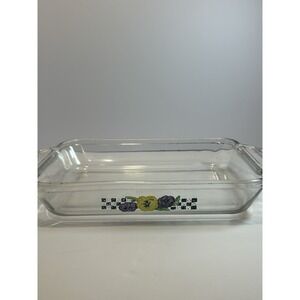 Anchor Hocking 2 QT Brownie Pan Casserole Clear Glass Floral Checkerboard #1031